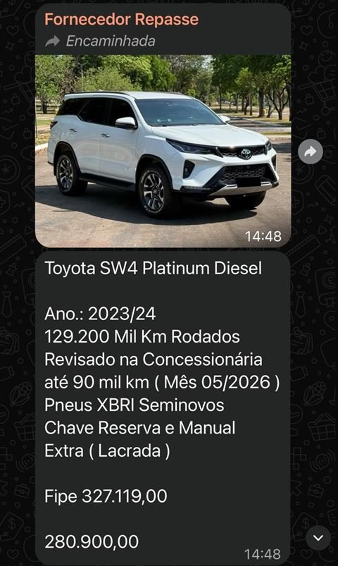 Print do grupo: Toyota SW4 Platinum Diesel 2023/24, FIPE R$ 327.119,00, no grupo R$ 280.900,00
